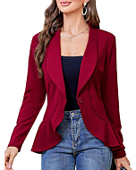 KOJOOIN Womens Casual Blazer Long Sleeve Open Front Ruffle Work Office Cardigan Suit Jacket Long Sleeve-Wine Red L