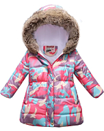 UWBACK Winter Coats For Girls Hooded Waterproof Floral Printed Kids Toddler Warm Snow Jacket Camouflage 140