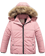 Chrisuno Girl's Outdoor Insulated Puffy Jacket Waterproof Ski Jacket Kids Winter Snow Coats Fleece Raincoat Parka Pink 6-7