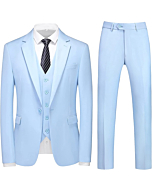 MOGU Mens 3 Piece Slim Fit Suit One Button Tuxedo Jacket Groomsmen Prom Formal Wedding Dress Blazer 38/ Pants 34 Light Blue