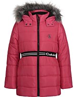 Calvin Klein Girls' Long Length Hooded Puffer Jacket With Fleece Lining, Rasberry Logo Waist, 4