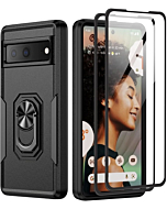 Google Pixel 6A 5G Case with Screen Protector, Military Grade Dual Layer Shockproof Heavy Duty Shockproof Full Body Protective Phone Cover, Built in Rotatable Magnetic Ring Holder for Pixel 6A (Black)