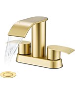 Ultimate Unicorn Waterfall Bathroom Sink Faucet Brushed Gold, Two Handles Bathroom Faucet with Metal Pop up Sink Drain Stopper, 2 or 3 Holes Bathroom Basin Lavatory Mixer Tap with Deck Mount Plate