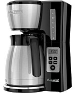 BLACK+DECKER 12-cup thermal coffee maker with a carafe pouring a cup of coffee.