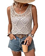 COZYEASE Women's Crochet Tank Tops Knit Sweater Vest Hollow Out Sleeveless Cover Up Summer Boho Top Scoop Neck Pullover Khaki