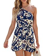 CUPSHE Women's Beach Dress One Shoulder Tropical Sleeveless Self Tie Mini Summer Dress Navy Floral, XS