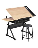 Yaheetech Height Adjustable Drafting Table Drawing Table Artist Desk Tilting Tabletop Art Craft Desk Watercolor Paintings Sketching Work Station w/2 Storage Drawers and Stool for Home Office