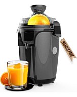 Eurolux Electric Citrus Juicer in gray, squeezing an orange half.