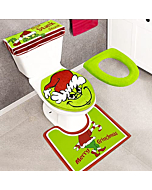 Christmas Decorations - Xmas Bathroom Sets - Grinchs Decor Toilet Seat Cover and Rug for Indoor Home Set of 4 (Red - Green)