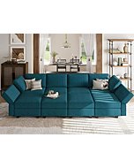 Belffin Peacock Blue Velvet Modular Sectional Sofa Bed, 8 Seater, 3 Sleeper, Storage, Recliner, Modern, Engineered Wood, Living Room, Apartment, Studio, 26.4x58.3x33.5 inches, 99 lbs