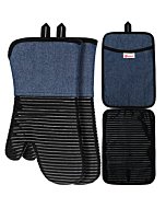 Yutat Oven Mitts, Pot Holders Set of 4 Made with Pure Cotton and Food Grade Non-Slip Silicone - 500 F Heat Resistant Oven Mitts and Pot Holders Sets for Kitchen Cooking (4pcs Set, Grey and Denim)