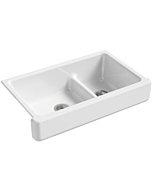 KOHLER K-6426-0 Whitehaven Farmhouse Smart Divide Self-Trimming Undermount Apron Front Double-Bowl Kitchen Sink with Short Apron, 35-1/2-Inch X 21-9/16-Inch X 9-5/8-Inch, White