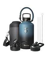 Trebo Water Bottle 64oz with Paracord Handle, Half Gallon Food-grade Double Wall Vacuum Stainless Steel Insulated Jug with Holder Strap Straw Spout Handle Lids, Leakproof Keep Cold & Hot, Indigo/Black