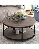 NSdirect 36 inch Round Coffee Table,Coffee Table for Living Room,2-Tier Rustic Wood Desktop & Sturdy Metal Legs Table Modern Design Home Furniture with Storage Shelf (Light Walnut)