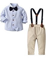 Baby Boys' Dress Clothes, Toddlers Tuxedo Outfit, Long Sleeves Vertical Stripe Button Down Shirt with Bow Tie + Suspender Pants Set Suit, W02 Blue, Tag 60 = 3 - 9 Months