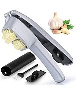 Zulay 2-in-1 Garlic Press Set - Dual Function Garlic Mincer & Slicer - Heavy Duty Easy Squeeze Garlic Crusher with Cleaning Brush & Silicone Garlic Tube Peeler