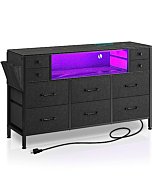 Rolanstar Dresser with Power Outlets and LED Lights, 10 Drawers Dresser with Side Pocket, Fabric Chest of Drawers with PU Finish, Small Dresser with Sturdy Frame & Wood Top for up to 55inch TV, Black