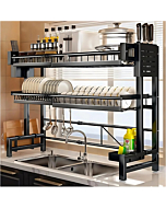 3-Layer Stainless Steel Dish Drying Rack above a sink, fully expanded with dishes and utensils.