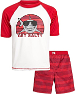 iXtreme Boys' Rash Guard Set - 2 Piece UPF 50+ Quick Dry Swim Shirt and Bathing Suit (12M-18), Size 2T, Red/White Shark