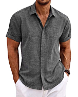 COOFANDY Men's Linen Shirts Short Sleeve Casual Shirts Button Down Shirt for Men Beach Summer Wedding Shirt Dark Grey