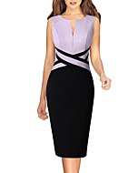 VFSHOW Womens Light Purple Black Patchwork Slim Front Zipper Work Office Business Bodycon Pencil Sheath Dress 9922 PUP L