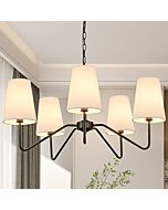 5-Light Modern Chandelier with White Shades, Classic Pendant Ceiling Light Fixture for Dining Room, 30” Black Chandelier with E12 Base Hanging Lamp for Living Room Hallway Bedroom, Height Adjustable