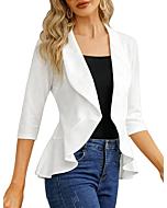 KOJOOIN Womens Casual Blazer 3/4 Sleeve Open Front Ruffle Work Office Cardigan Suit Jacket White L