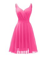 Dressever Summer Cocktail Dress V-Neck Adjustable Spaghetti Strap Chiffon Sundress with Pockets Fuchsia S