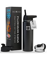 IRON °FLASK Sports Water Bottle - Wide Mouth with 3 Straw Lids - Stainless Steel Gym & Outdoor Bottles for Men, Women & Kids - Double Walled, Insulated Thermos, Metal Canteen - Midnight Black, 40 Oz