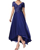 Short Sleeves Mother of The Bride Dresses for Women Lace Appliques V Neck High-Low Formal Wedding Party Prom Dress Royal Blue