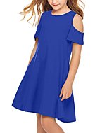 Arshiner Cold Shoulder Dresses for Girls Short Sleeve Solid Color Casual Sundress with Pockets Blue 6-7 Years