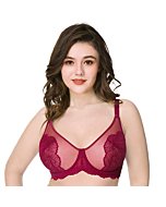 HSIA Women's Minimizer Bra Unlined Underwire Full Figure Lace Bra Plus Size Full Coverage Unpadded Bra 34C-44DDD Burgundy