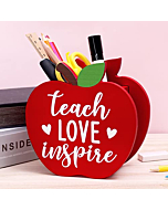 The Shape of Apple Teach Love Inspire Wooden Pencil Holder Desktop Pen Organizer Stocking Stuff Thank You Gift for Teacher Appreciation Christmas End of Year Back to School Kindergarten Teacher Gift