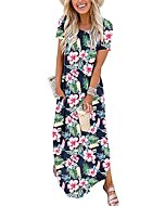 ANRABESS Women's Summer Casual Loose Short Sleeve Long T Shirt Dress Split Maxi Beach Sundress Travel Vacation Outfits Floral Print Large