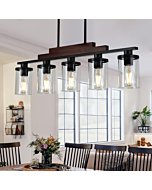 Dining Room Light Fixture/Chandelier Over Table,5-Light Kitchen Island Lighting Hanging for Farmhouse Linear Chandeliers Matte Black Rustic Wood Ceiling Pendant Light Fixtures with Clear Glass Shade