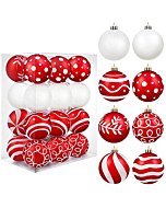 MCEAST 24 Pieces Christmas Ball Ornaments Painting & Glittering Christmas Tree Pendants Shatterproof Decorative Baubles in 8 Patterns for Christmas Tree Decorations, Red and White