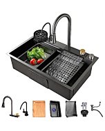 MWIDCIEW Drop In Kitchen Sink Gunmetal Gray Stainless Steel Waterfall Kitchen Sink with Pull Down Sprayhead Faucet Single Bowl Kitchen Sink Workstation with Multiple Accessories (31.5 x 17.7 inch)