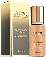 GLO24K Eye Serum with 24k Gold, Hyaluronic Acid, and Vitamins A,C,E. Potent Formula for the delicate skin around the eyes.