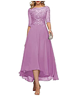 Kajumi 3/4 Sleeves Mother of The Bride Dresses for Women Lilac Tea Length Lace Prom Dresses for Women Long Size 14