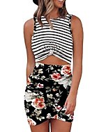 Acelitt Sun Dresses for Women Striped Twist Sleeveless Mini Dress Hollow Out Floral Printed Bodycon Mexico Vacation Clothes Above Knee Length Black XS