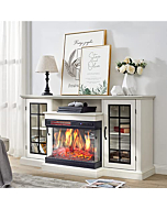 AMERLIFE 3-Sided Glass Fireplace TV Stand for TVs up to 65'', Media Entertainment Center Console Table with Door Closed Storage, Distressed White