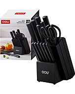 OOU Kitchen Knife Block Set - 15 Pieces High Carbon Stainless Steel Chef Knife Sets, Anti-Rust Black Knives Set with Built-in Sharpener Block, Black