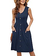 MOLERANI Women Summer Dresses Sleeveless Casual Loose Swing Button Down Midi Dress with Pockets(Navy Blue,M)