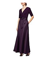 Alex Evenings Women's Satin Ballgown Dress with Pockets (Petite and Regular Sizes), Eggplant, 4