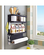 Magnetic Spice Rack, Magnetic Shelf with Paper Towel Holder 2 Tier Kitchen Refrigerator Storage Rack Fridge Magnet Organizer(Black, Medium)