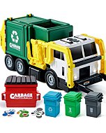 JOYIN Large Friction Powered Garbage Truck Toy Set, Includes Dumpster, Trash Bins, and Learning Cards for Kids