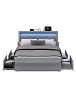 VASAGLE LED Bed Frame Full Size with Headboard and 4 Drawers, 1 USB Port and 1 Type C Port, Adjustable Upholstered Headboard, No Box Spring Needed, Light Grey URMB822G01