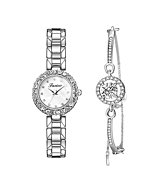 Clastyle Rhinestones Women Silver Watch and Bracelet Set Elegant Mother of Pearl Dial Small Wrist Watches Gift for Her