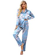 Ekouaer Women's Classic Button Down Long Satin Silk Pajama Set,Large,Blue Floral