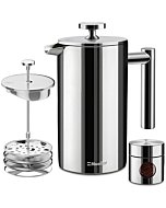 Mueller French Press Double Insulated 304 Stainless Steel Coffee Maker 4 Level Filtration System, No Coffee Grounds, Rust-Free, Dishwasher Safe